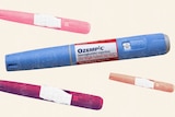 A graphic showing four Ozempic pens, three of which have the brand name ripped out