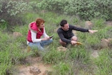 A woman and man crouching in grass as they examine a site.