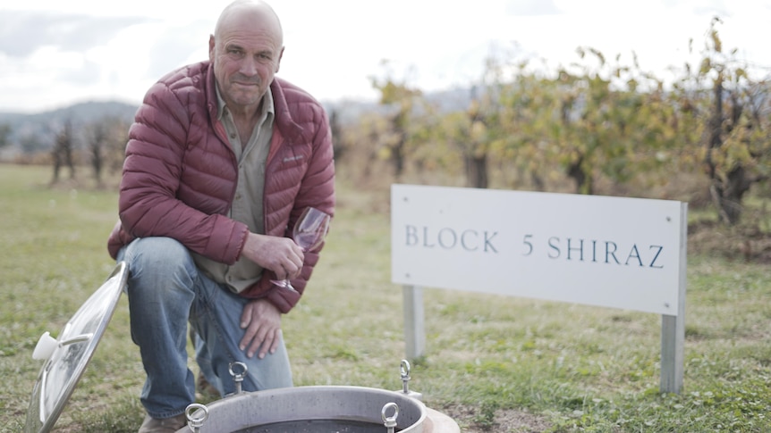 A man kneeling down in front of his vineyard