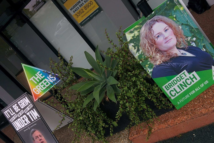 Corflutes show the faces of Greens party members