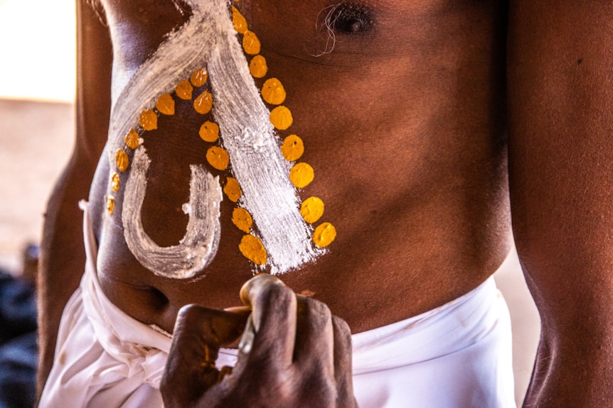 A close-up shot of an Indigenous Australian man's torso painted with body paint