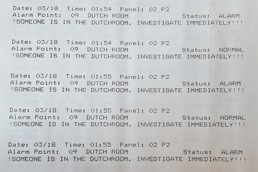 A print out with the words "Someone is in the Dutchroom. Investigate immediately!!!'