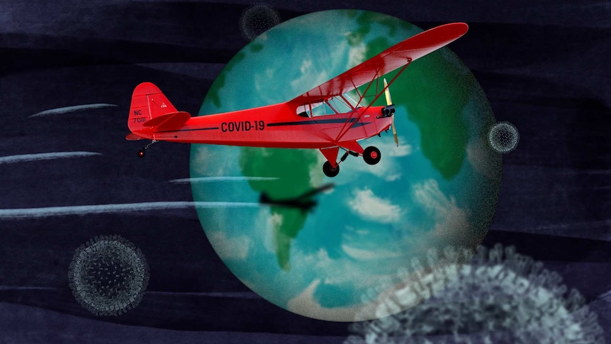 A fixed wing light aircraft in space flies around the earth while 3D COVID viruses float around.