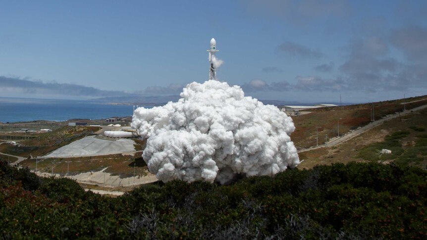 A SpaceX Falcon 9 rocket launches at Vandenberg Air Force Base in California.