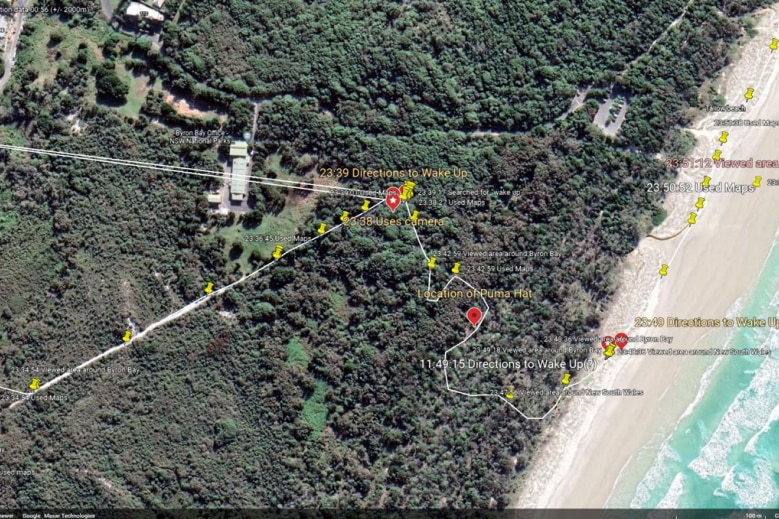 A satellite map of bushland and coast with red and yellow dot plotting a person's movements.