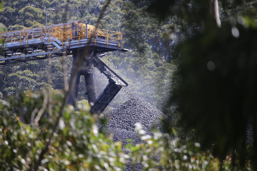 Coal falls from a conveyor belt onto a large pile surrounded by trees