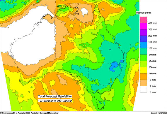 A weather map of Australia shows blue over much of northern Victoria - indicating between 50 and 100mm of rain.