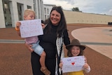 Samantha Payne and her children at parliament House celebrate new legislation on miscarriage laws