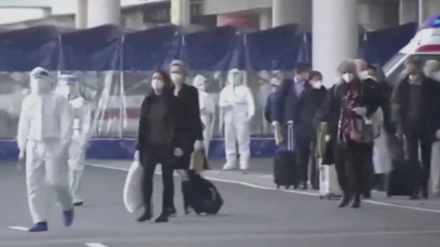 WHO team wearing masks arrive at the Wuhan Tianhe International Airport