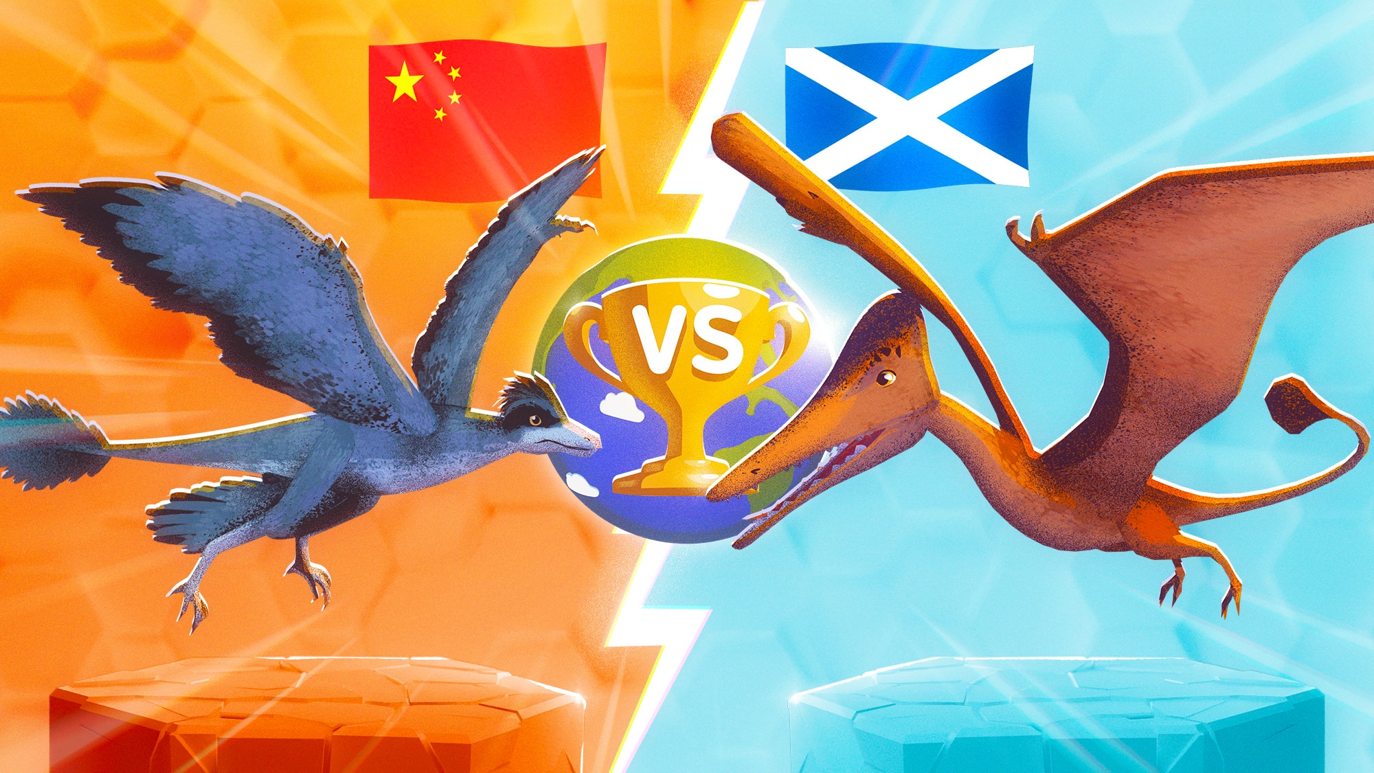 Cartoon image of two flying dinosaurs going head to head in a race