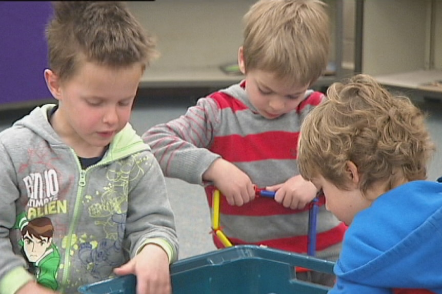 Unidentified group of preschool boys playing with toys at Canberra Preschool. Taken 17 August 2012.