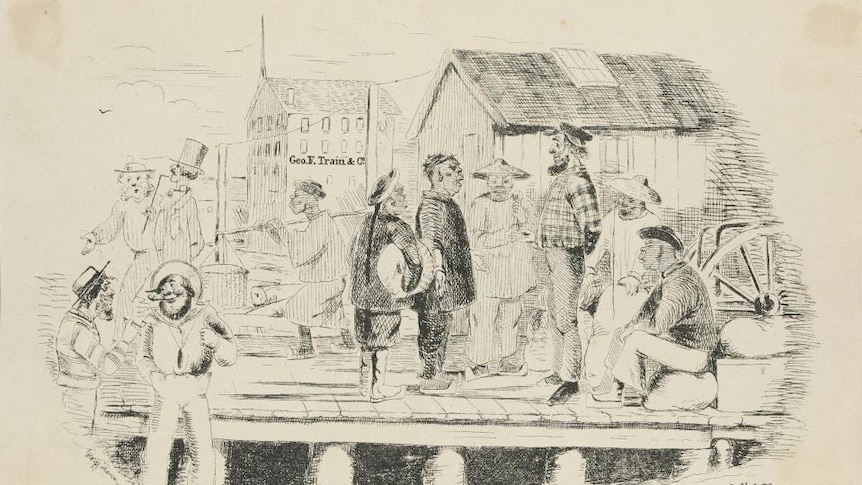 Drawing of men in group during gold rush