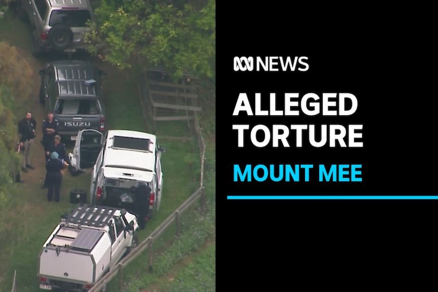 Alleged Torture, Mount Mee: Aerial Vision of police officers and vehicles at a property.