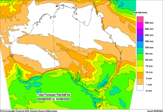 Map of Australia green over southern states showing forecast rainfall 