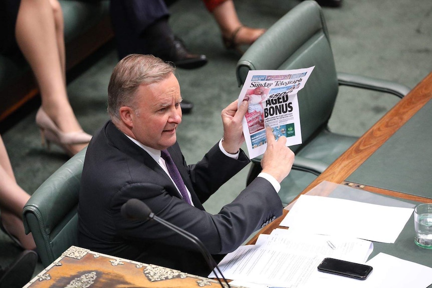 Albanese points at a print out of the front page of the Sunday Telegraph