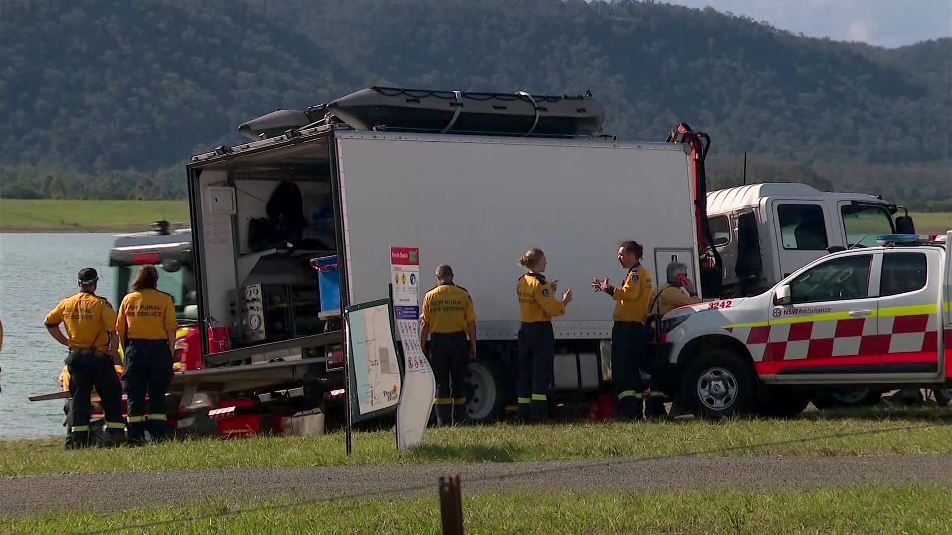 Emergency crews are stationed next to Penrith Beach.