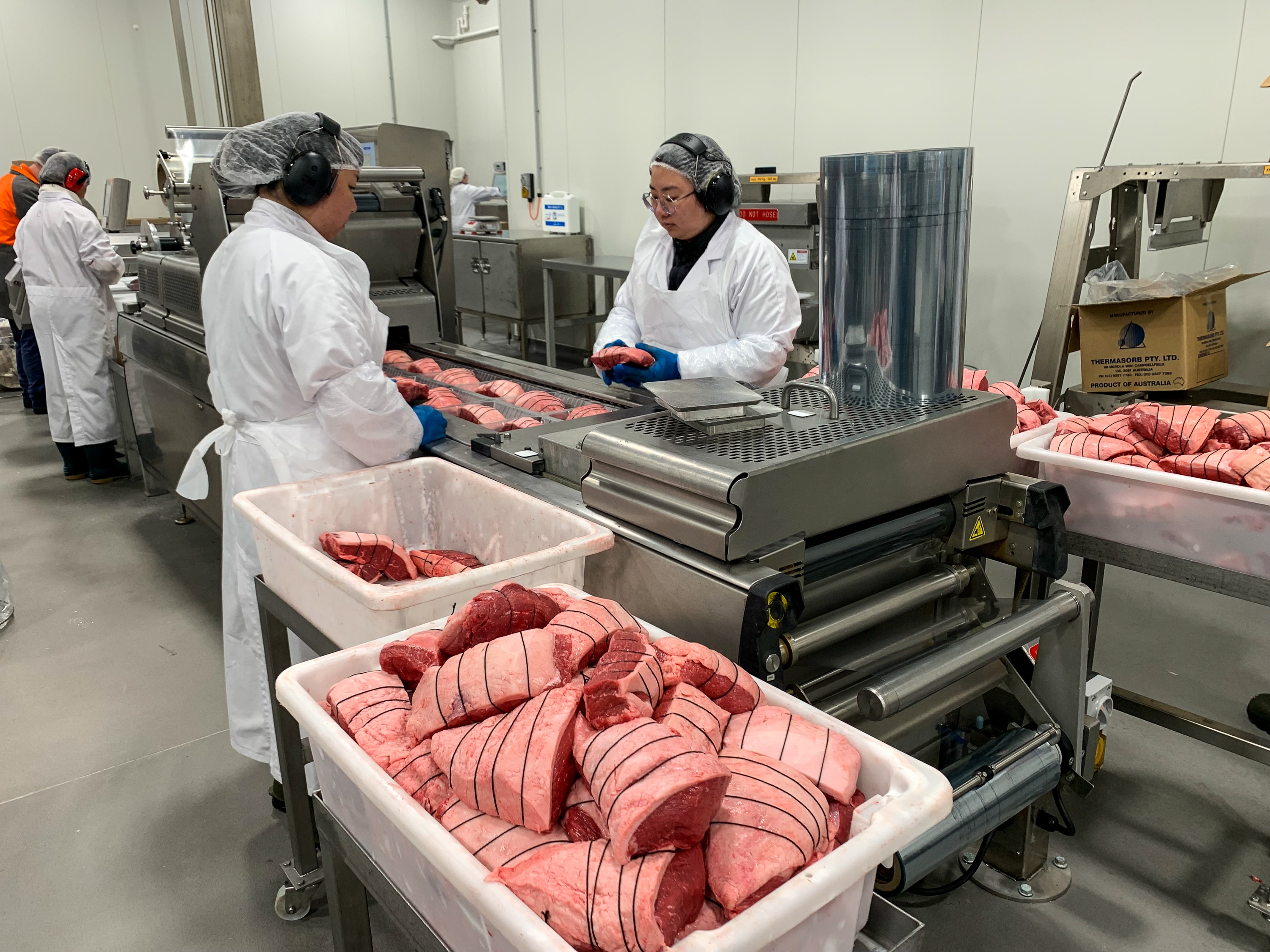 Two women dressed in white jackets, hair nets and protective ear muffs stand near a conveyer belt packing meat.