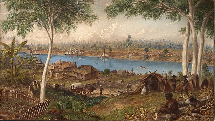 Painting of Aboriginal people and white people beside river