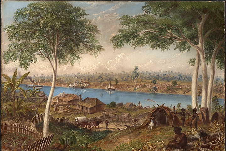 Painting of Aboriginal people and white people beside river