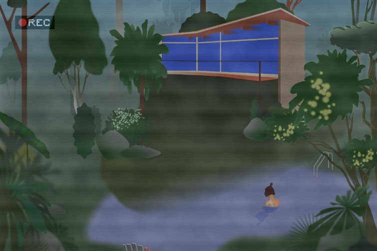 An illustration of a woman swimming in a pool in the Australian bush