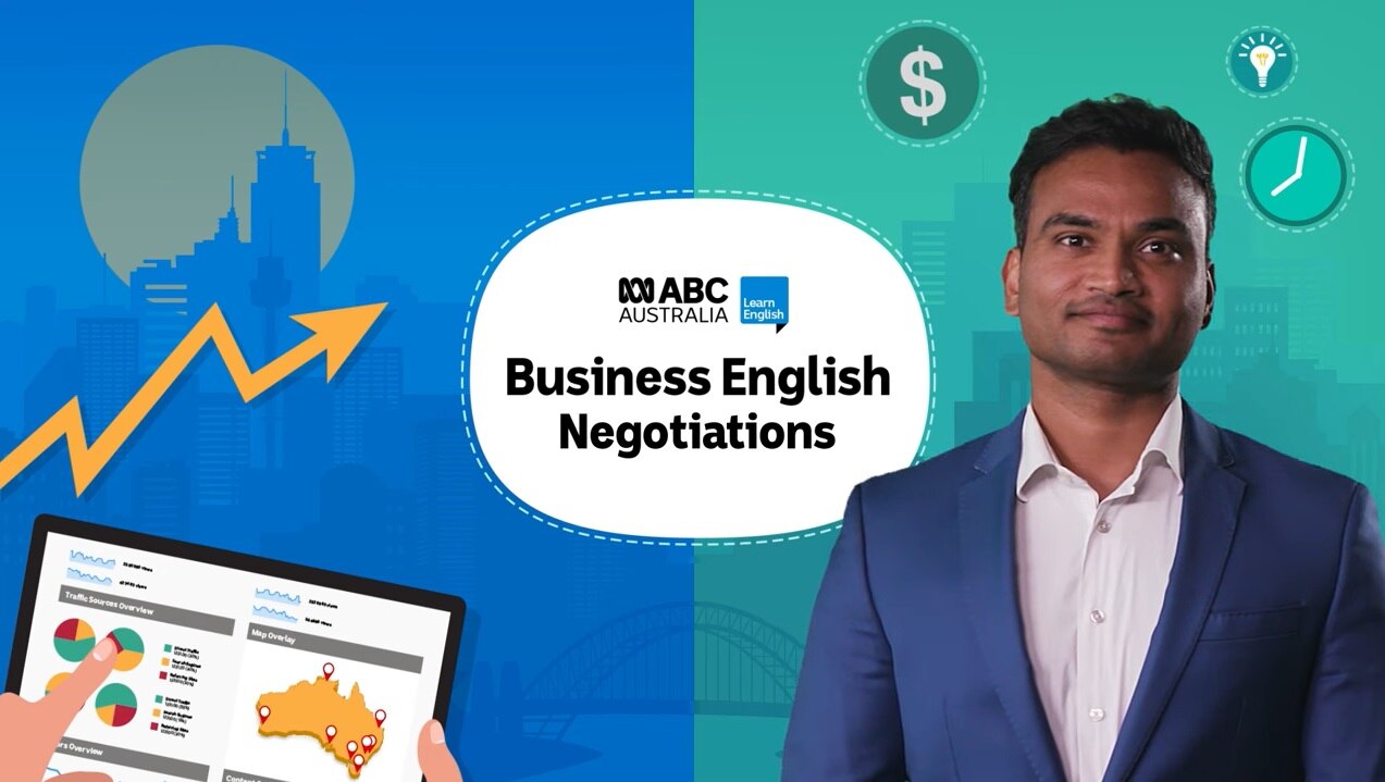 A photo of a man introducing Business English language lessons.