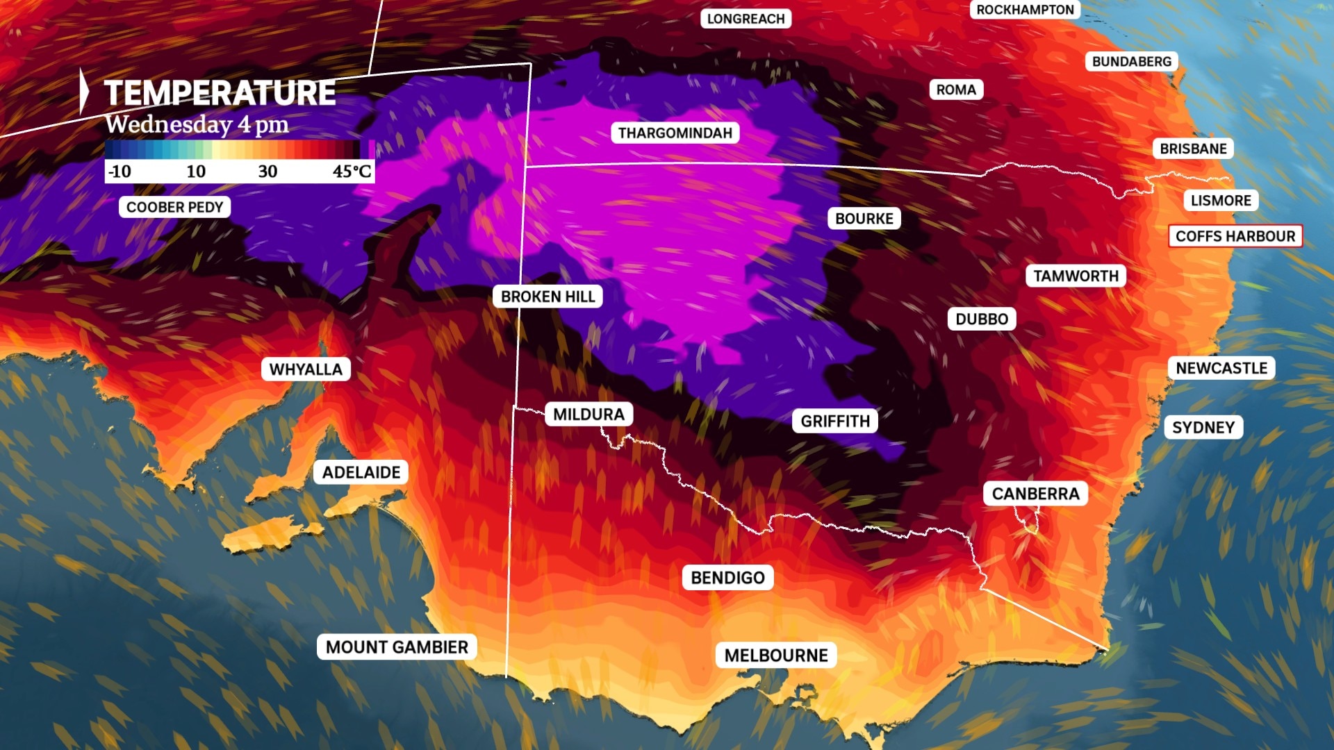 Mapa de temperaturas en Australia para el miércoles.