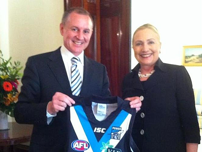 Premier gave Mrs Clinton a Port Adelaide AFL jumper