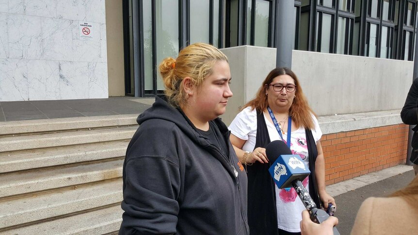 Jolene Bounday speaking to media outside court.