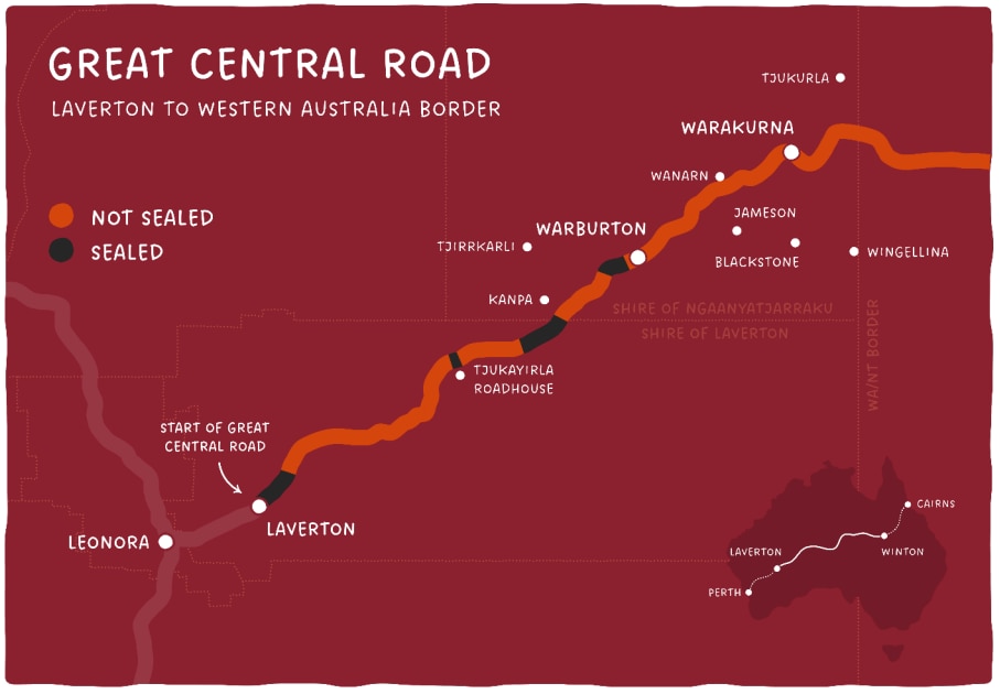 A map showing the Great Central Road and sections which are sealed.
