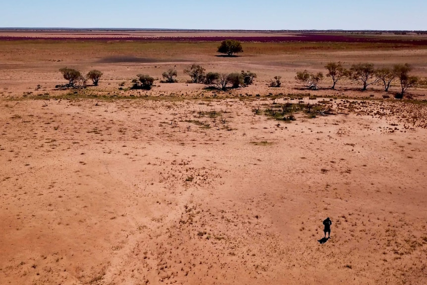 A Wadjarri man is dwarfed by a vast red claypan landscape in the WA Murchison.