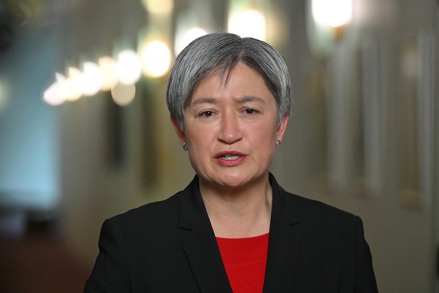 Minister for Foreign Affairs Penny Wong speaks to journalists in canberra on monday october 16, 2023
