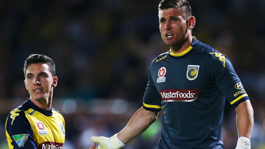 Central Coast Mariners Storm Roux and Liam Reddy against Wellington Phoenix