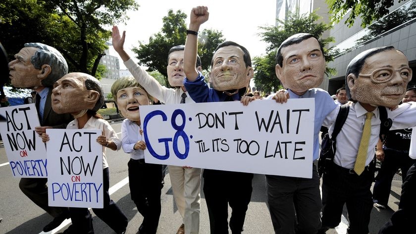 Protesters dressed as G8 leaders join rallies before next week's summit.