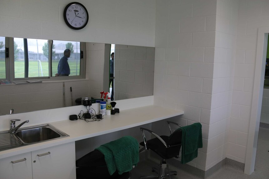 Hair salon station with two chairs at Canberra's jail.