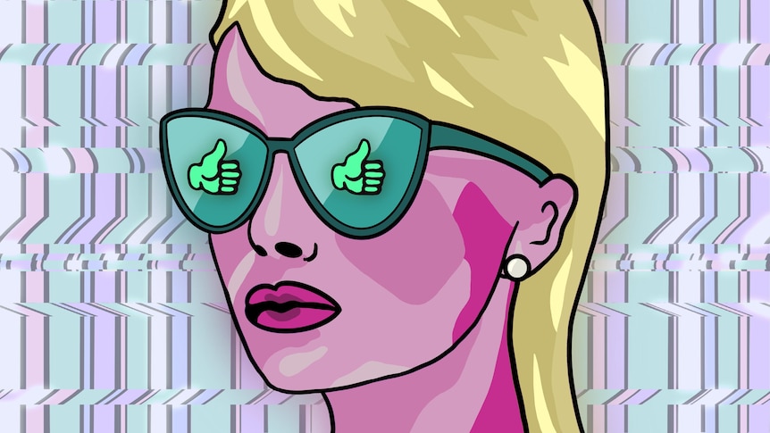 A pop art style illustration of a woman wearing sunglasses, with thumbs up emojis reflected in the glass.