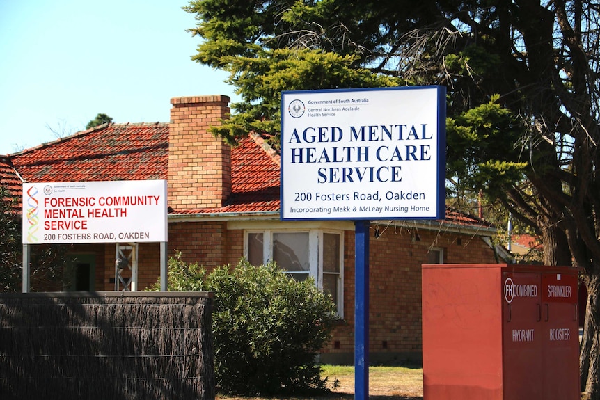 A sign outside the Oakden nursing home reads "AGED MENTAL HEALTH CARE SERVICE".
