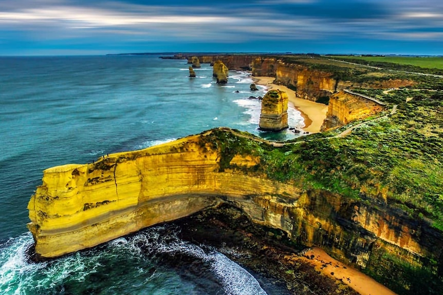 The Twelve Apostles, shot from above, possibly from a drone