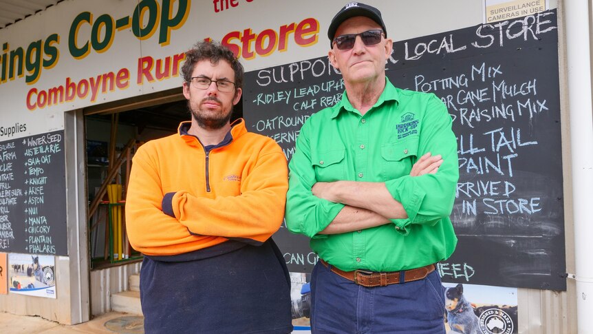 Business owner Peter Newman (right) pictured with Comboyne farmer Josh Mcmillan (left), outside Comboyne's Rural Store.