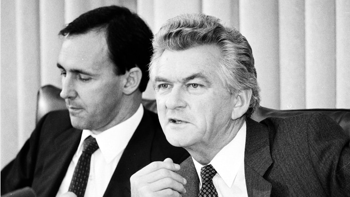 Bob Hawke and Paul Keating sit next to each other at a 1983 press conference.