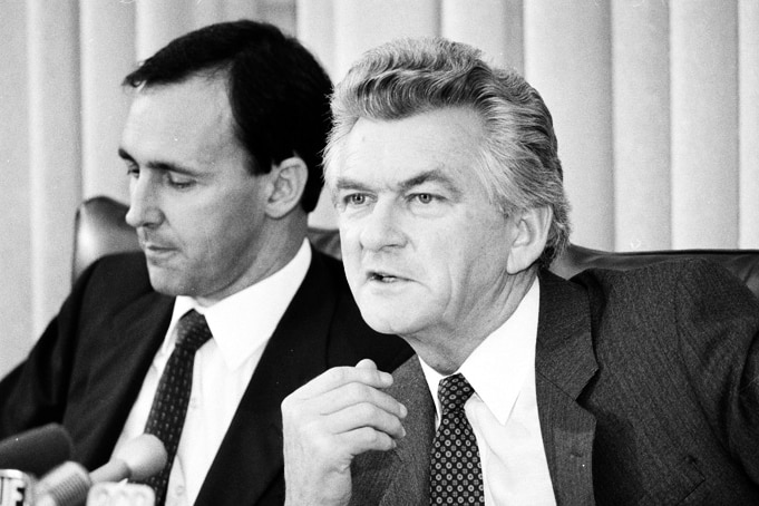 Bob Hawke and Paul Keating sit next to each other at a 1983 press conference.