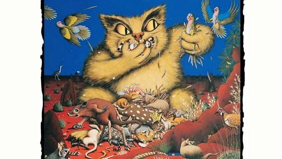 A illustration of a a feral cat gorging on small native animals.