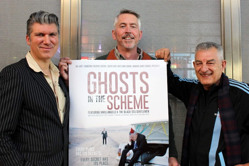 Mikel Simic, Scott Rankin and Lex Marinos at a rehearsal for Ghosts in the Scheme at the Canberra Theatre Centre, August 2015.