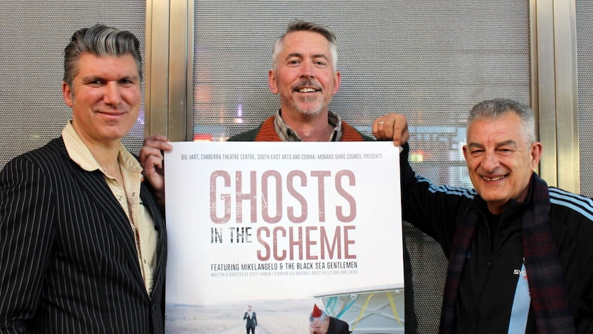 Mikel Simic, Scott Rankin and Lex Marinos at a rehearsal for Ghosts in the Scheme at the Canberra Theatre Centre, August 2015.