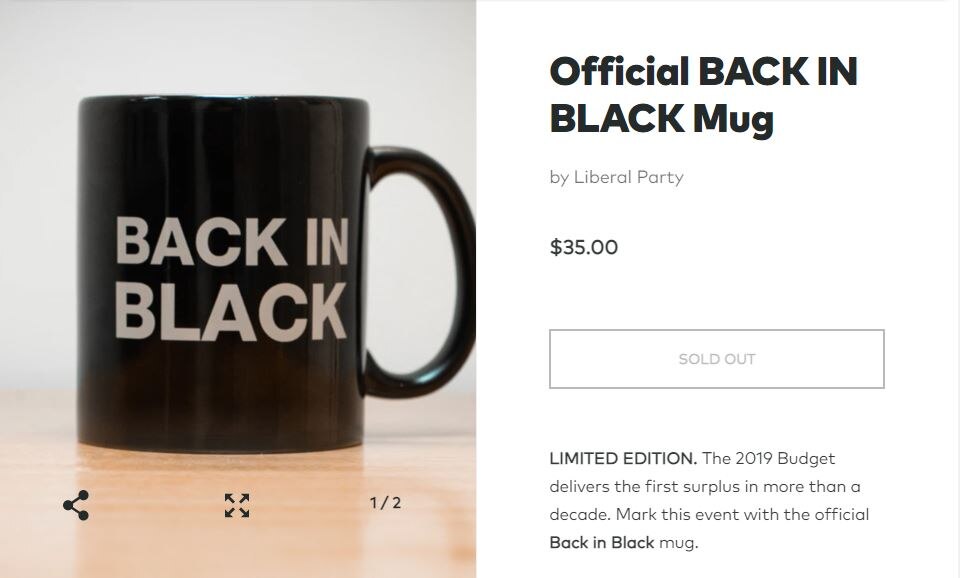 An ad for a Liberal Party "Back in Black" mug that invites buyers to "mark" a budget surplus.