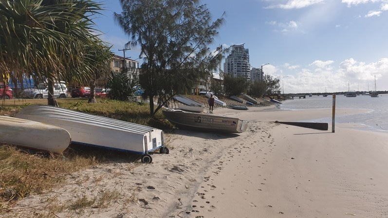 Boats stored along Gold Coast Broadwater at Labrador