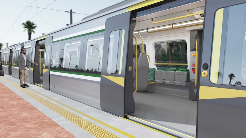 An artist's impression of the exterior of a train at a station.