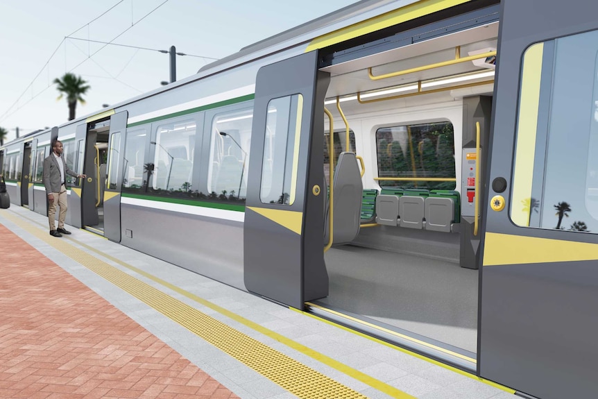 An artist's impression of the exterior of a train at a station.