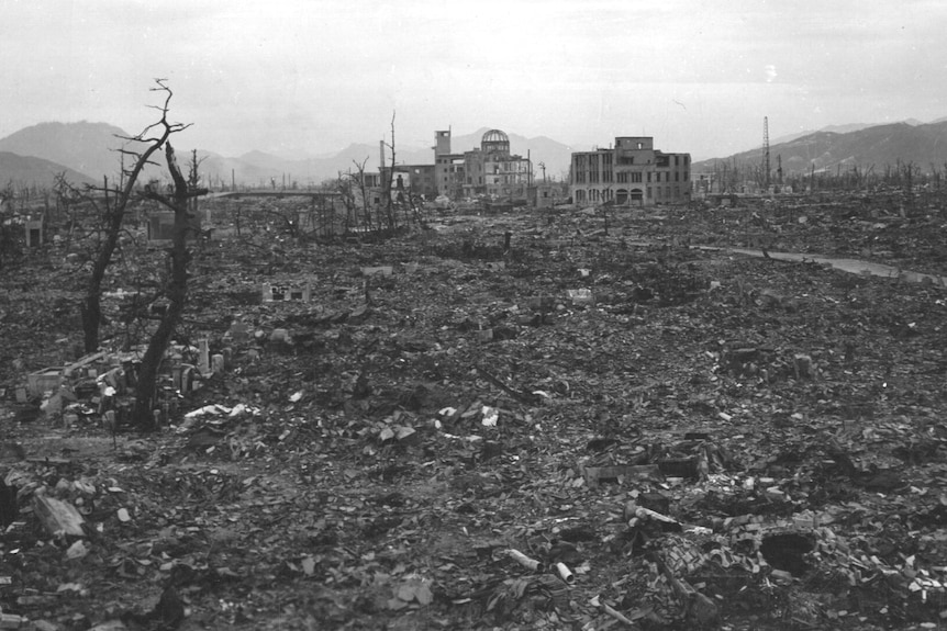 Black and white photo of rubble, blackened tree, and shells of buildings in the distance.