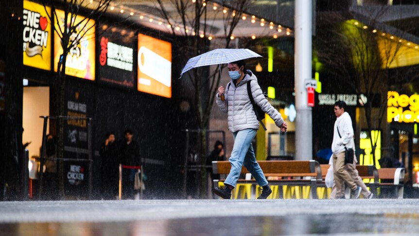 A man walks across the road in the rain holding an umbrella