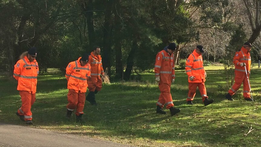 Six men in SES uniforms walk through bushland.